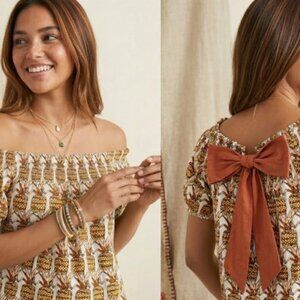 Anthropologie Porridge Pineapple Print Bow Back Bohemian Coquette Smocked Top M